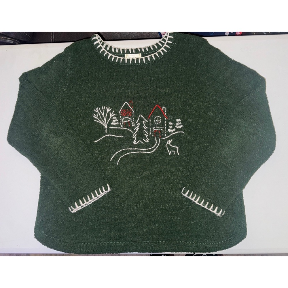 Christopher & Banks Sweater Women XL Green Hand Embroidered Winter Scene Village - Picture 2 of 8